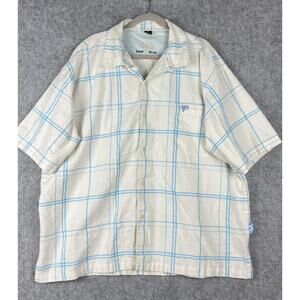 Raw Blue Shirt Mens 3XL White Whindowpane Linen Blend Button Up Loop Collar